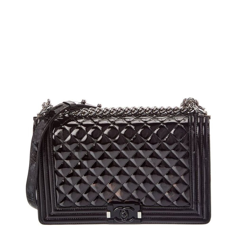 Chanel Black Quilted Patent Leather New Medium Plexiglass Boy Flap (Authentic